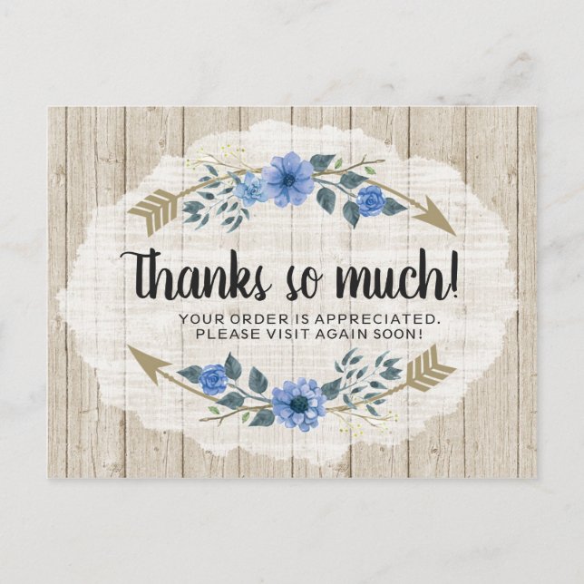 Thank You Rustic Wood & Bohemian Watercolor Floral Postcard (Front)