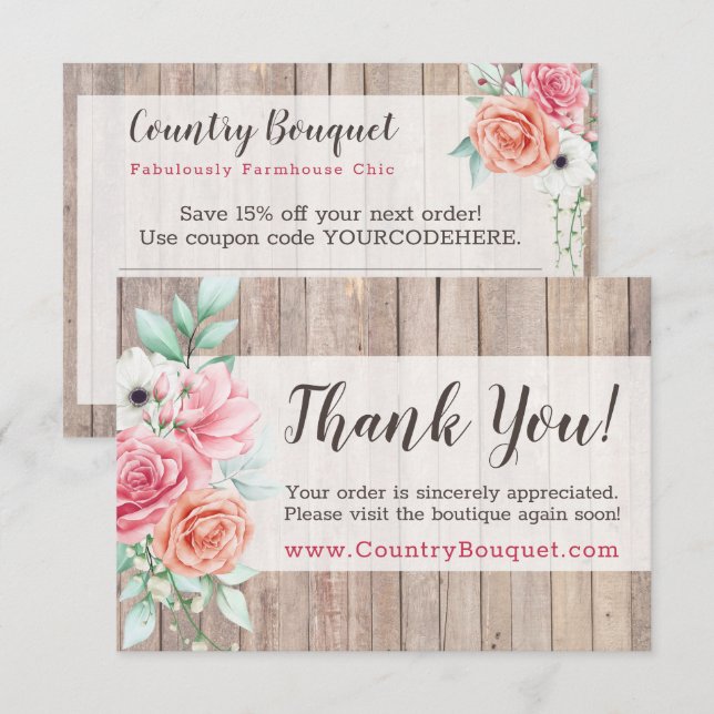 Thank You Rustic Wood Country Farmhouse Roses Card (Front/Back)
