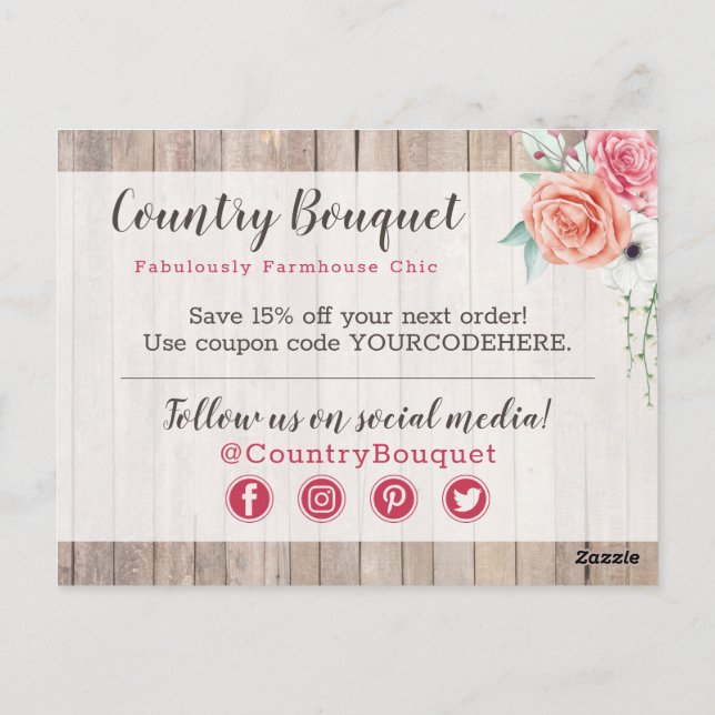 Thank You Rustic Wood Country Farmhouse Roses Postcard (Back)