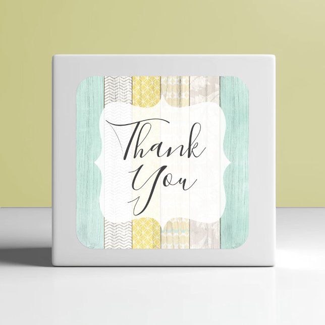 Thank You Rustic Wood Mint & Yellow Boho Geometric Square Sticker (Creator Uploaded)