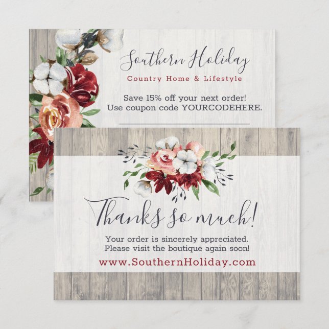 Thank You Rustic Wood Southern Country Cotton Card (Front/Back)