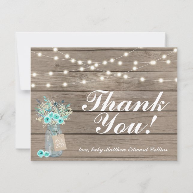 Thank You Rustic Wood String Lights Note Card Boy (Front)