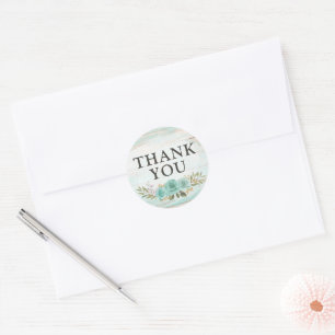 Thank You Rustic Wood Turquoise Floral Roses Classic Round Sticker