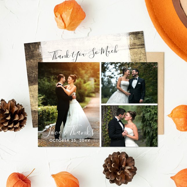 Thank You Rustic Wood Wedding Photo Pic Collage Card (Creator Uploaded)
