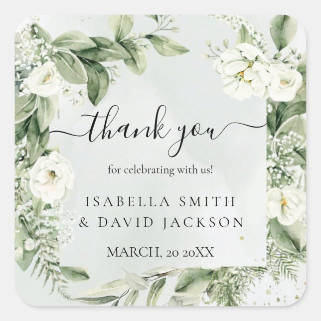 Thank You Sage Green Foliage Botanical Wedding Square Sticker (Front)