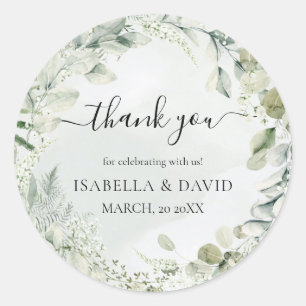 Thank You Sage Green Foliage Rustic Wedding Favour Classic Round Sticker