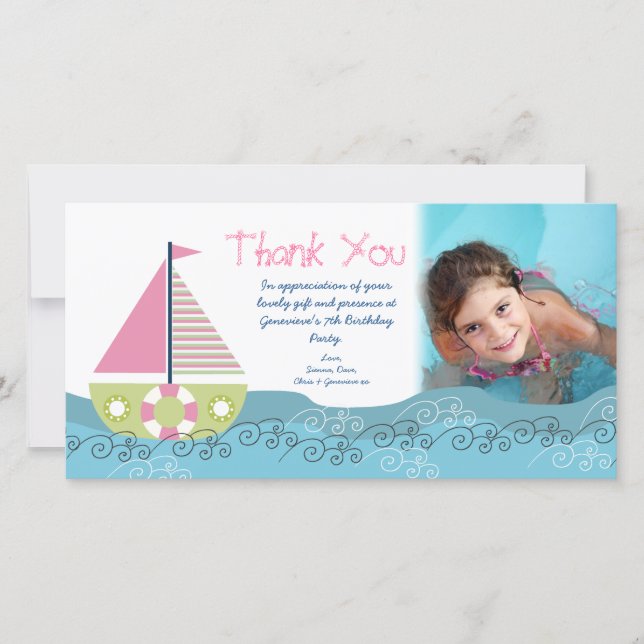 Thank You Sail Boat Birthday Party Photocard (Front)