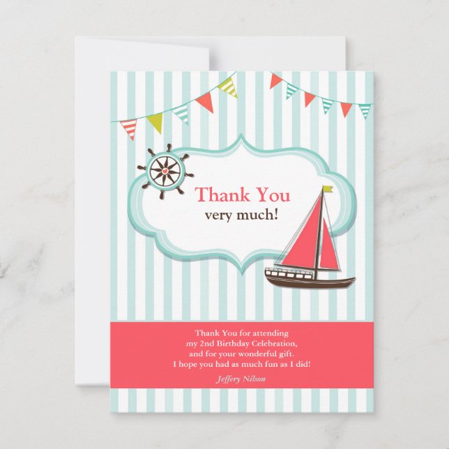 Thank You Sailing Boat Birthday Flat Card (Front)
