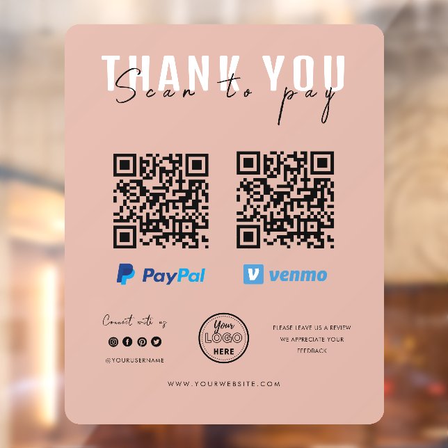 Thank you Scan to Pay Logo QR Code Payment Pink Window Cling (Sheet 2)