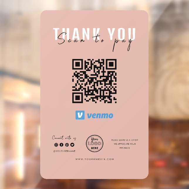 Thank you Scan to Pay Logo QR Code Venmo Pink Window Cling (Sheet 2)