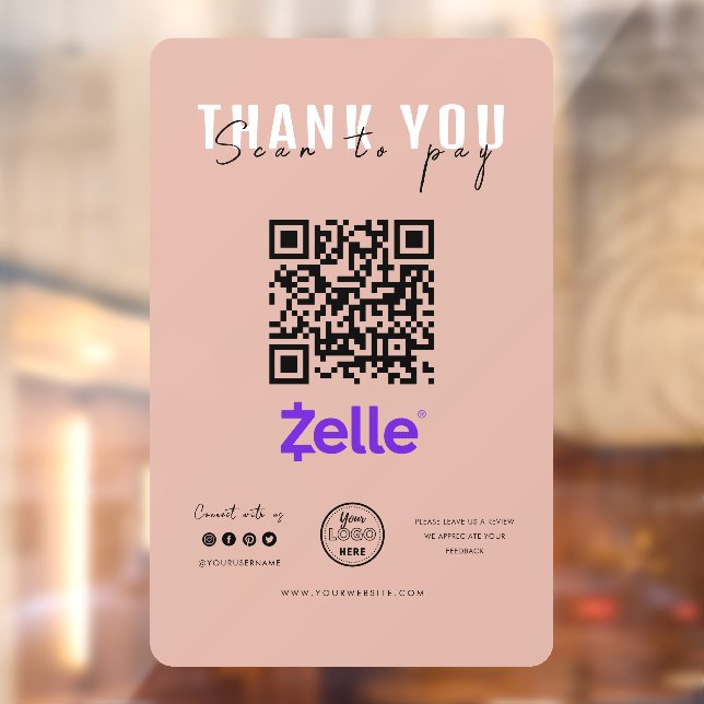 Thank you Scan to Pay Logo QR Code Zelle Pink Window Cling (Sheet 2)