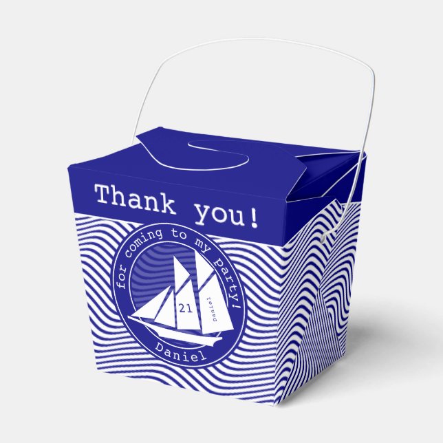 Thank You - Schooner on Navy Waves Nautical Party Favour Box (Front Side)