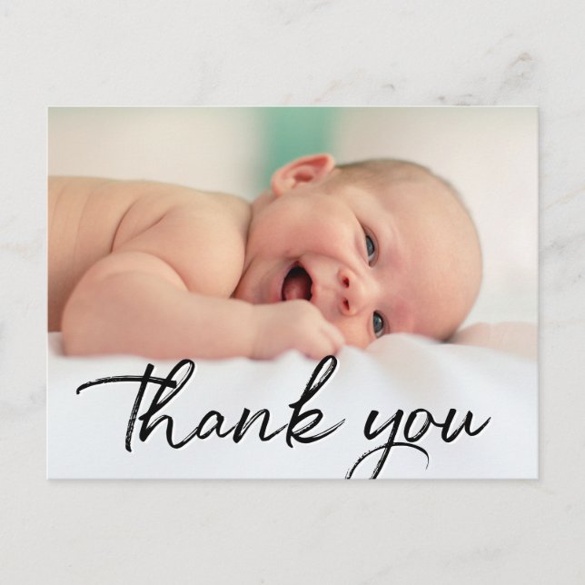 Thank you Script Baby Photo Birth Announcement Postcard (Front)