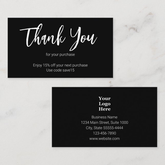 Thank You Script Black and White Business Logo Discount Card (Front/Back)