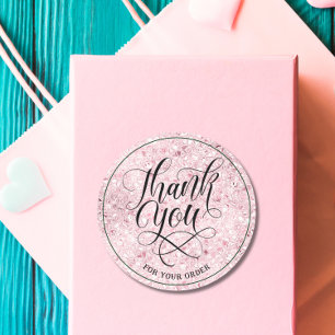 Thank you Script blush rose gold glitter  Classic Round Sticker