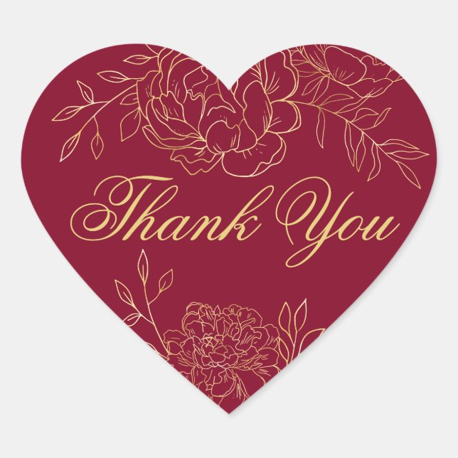 Thank You Script Burgundy Red Gold Outline Flowers Heart Sticker (Front)
