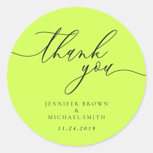 Thank you script Cyber Lime Jet Black names date Classic Round Sticker (Front)