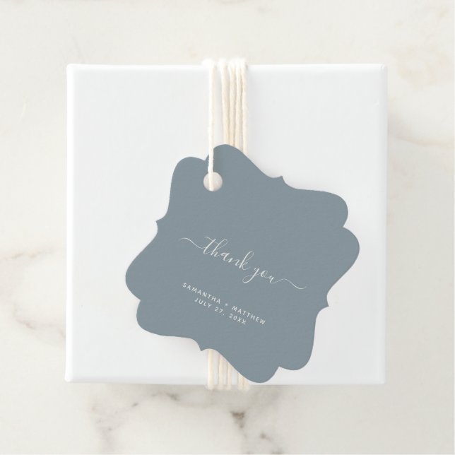 Thank You Script Dusty Blue Sea Glass Wedding Favour Tags (In Situ)