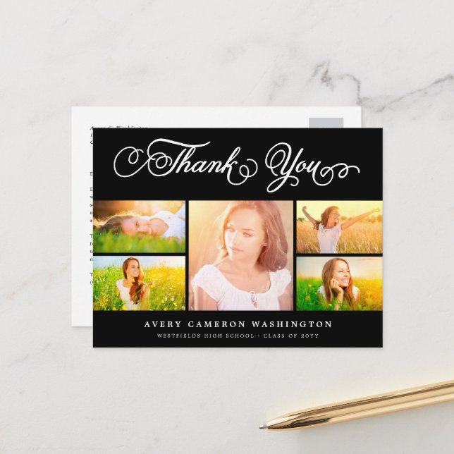 Thank You Script Elegant 5 Multi Photo Graduation Postcard (Front/Back In Situ)