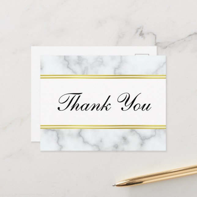 Thank You Script Elegant Faux White Marble & Gold Postcard (Front/Back In Situ)
