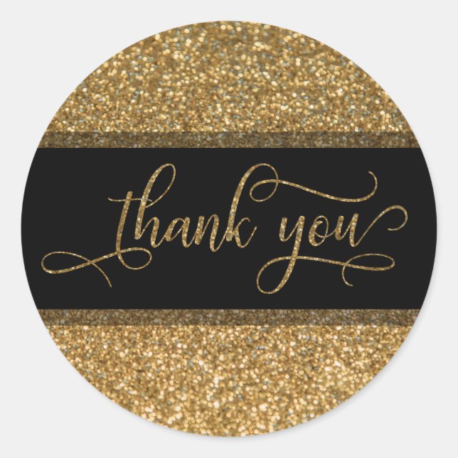 Thank You Script, Gold Glitter Border & Text Classic Round Sticker (Front)