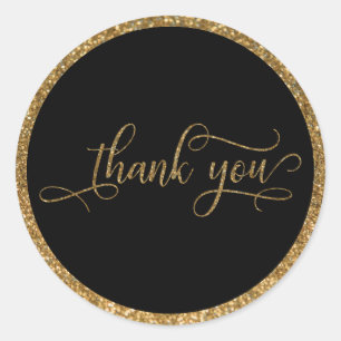 Thank You Script, Gold Glitter Border & Text Classic Round Sticker
