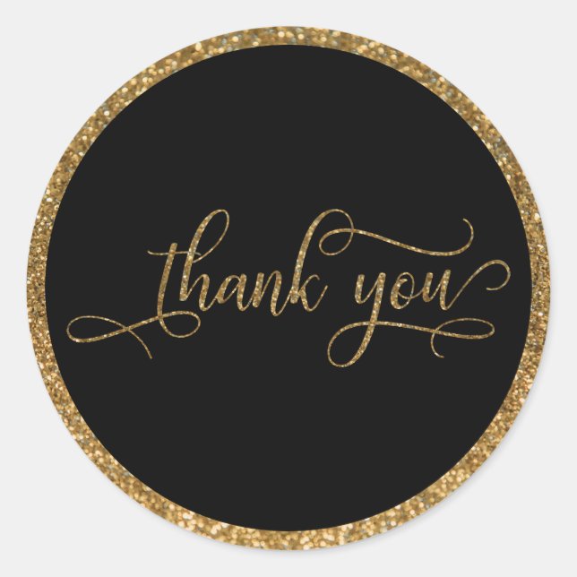 Thank You Script, Gold Glitter Border & Text Classic Round Sticker (Front)