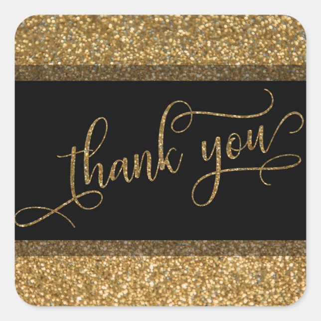 Thank You Script, Gold Glitter Border & Text Square Sticker (Front)