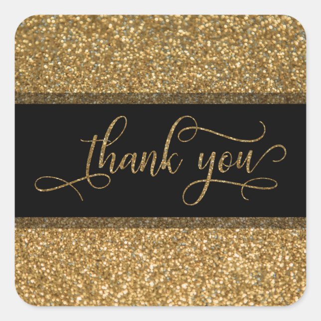 Thank You Script, Gold Glitter Border & Text Square Sticker (Front)