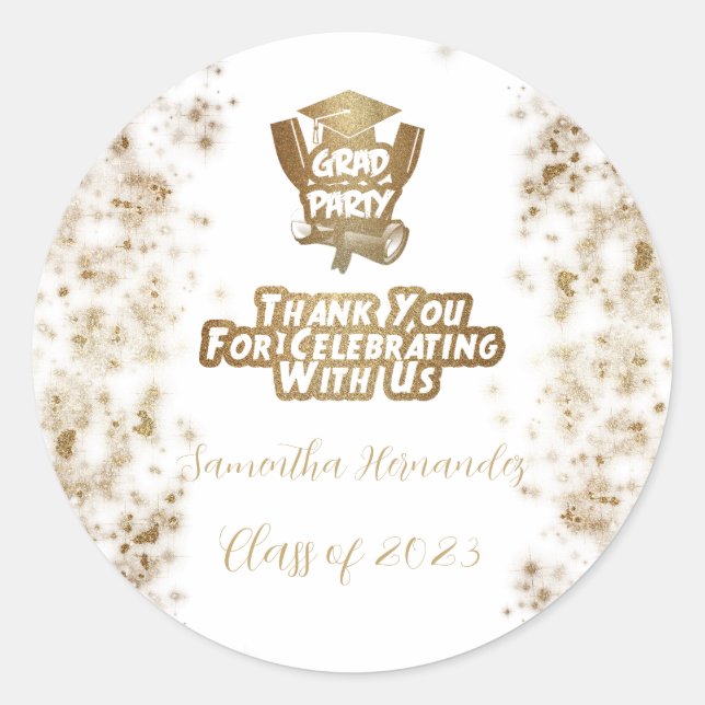 Thank You Script Gold Glitter Graduation Party Classic Round Sticker (Front)