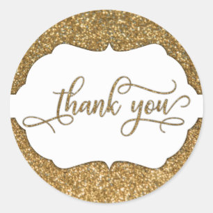 Thank You Script, Gold Glitter & Ornate Band Classic Round Sticker