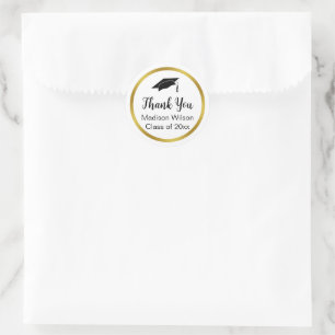 Thank You Script Graduation Black White Gold Classic Round Sticker