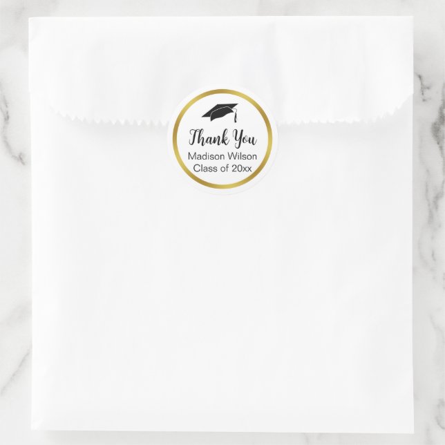 Thank You Script Graduation Black White Gold  Classic Round Sticker (Bag)
