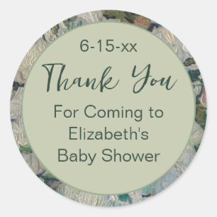 Thank You Script Green & White Floral Baby Shower Classic Round Sticker