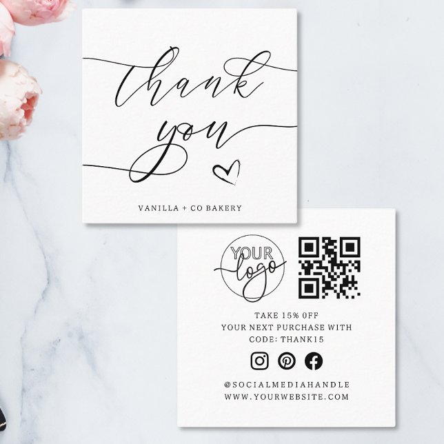 Thank You Script Heart Bakery Company Logo QR Code Square Business Card (Creator Uploaded)