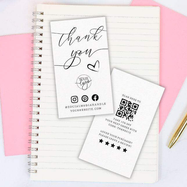 Thank You Script Heart QR Code Customer Review Business Card (Creator Uploaded)