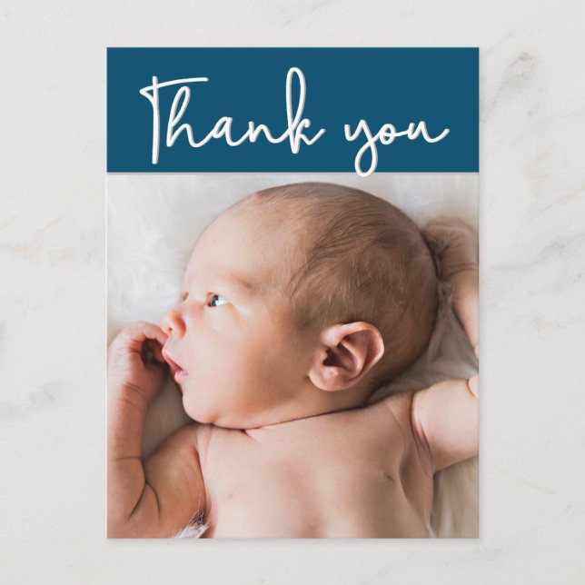 Thank you Script Modern blue Baby Photo Birth Announcement Postcard (Front)