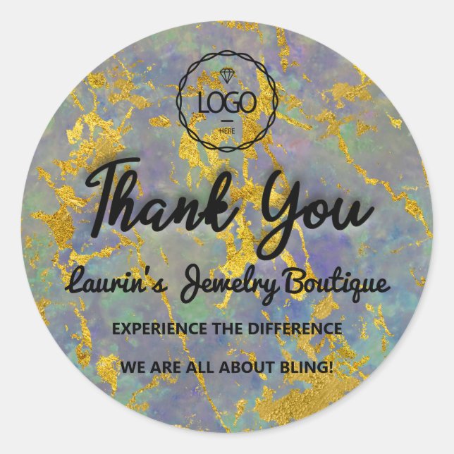 Thank You Script Name Custom Logo Gold Green Classic Round Sticker (Front)