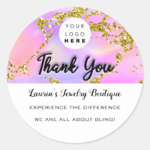 Thank You Script Name Custom Logo Holograph Gold Classic Round Sticker