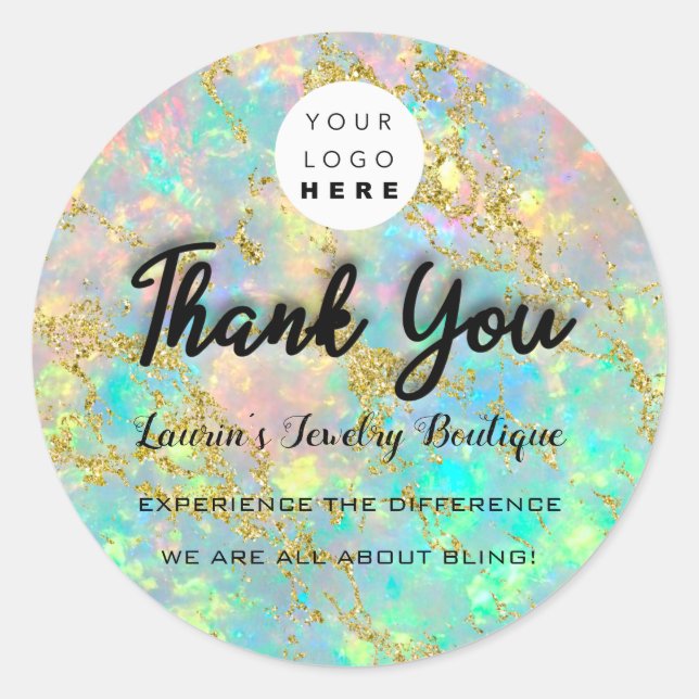 Thank You Script Name Custom Logo Holograph Gold Classic Round Sticker (Front)