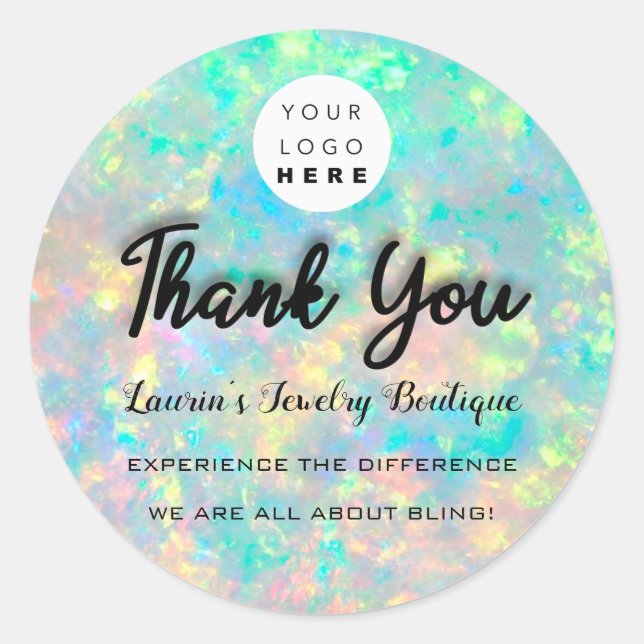 Thank You Script Name Custom Logo Holograph Opal Classic Round Sticker (Front)