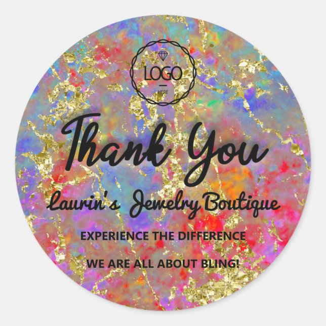 Thank You Script Name Custom Logo Holograph Pink Classic Round Sticker (Front)