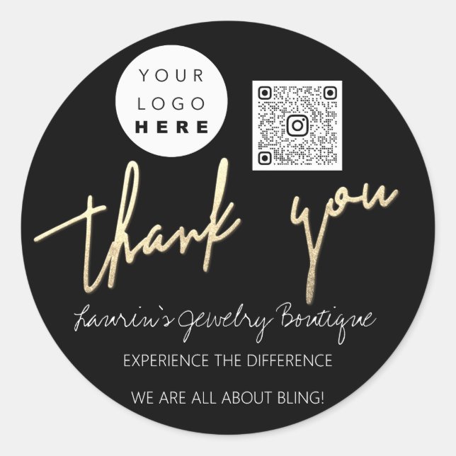 Thank You Script Name Logo Qr Code Online Black Classic Round Sticker (Front)