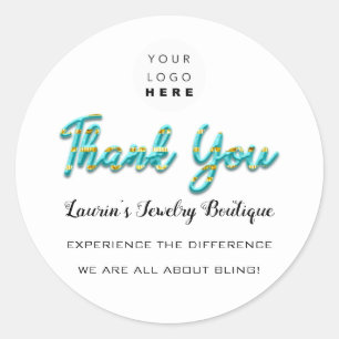Thank You Script Name Shop Web Logo Gold Blue Classic Round Sticker