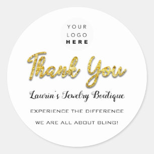 Thank You Script Name Shop Web Logo Gold Glitter Classic Round Sticker