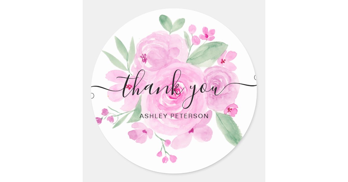 Thank you script pastel pink floral watercolor classic round sticker ...