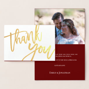 Thank You Script Photo Wedding Burgundy Gold Foil Card