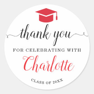 Thank You Script Red Grad Graduation Party Favor  Classic Round Sticker