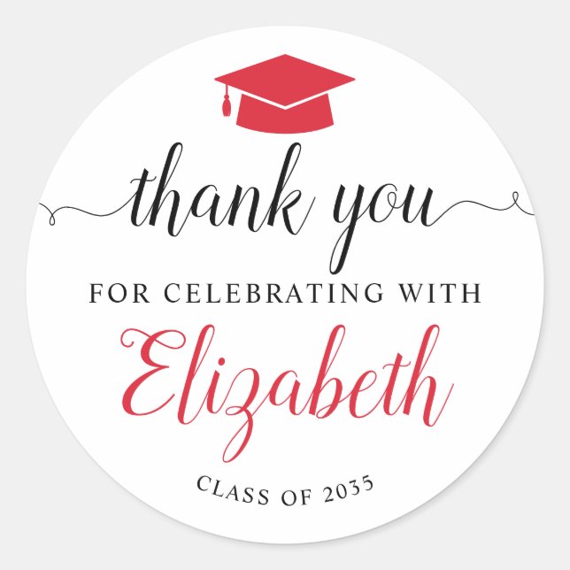 Thank You Script Red Grad Graduation Party Favour Classic Round Sticker (Front)