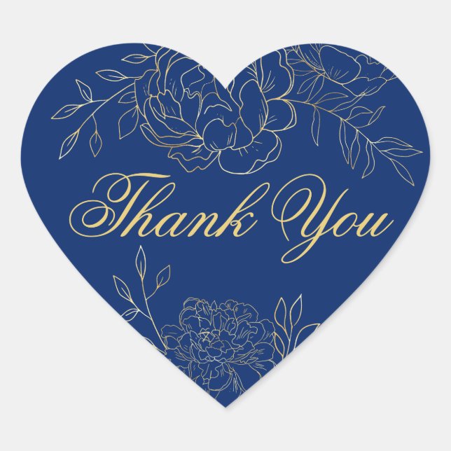 Thank You Script Royal Blue Gold Outline Flowers Heart Sticker (Front)